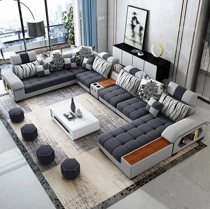 Modern Luxury Cheap down cushion home furniture Living Room Grey wooden Frame sectional 5 seater L shape Sofa and recliner Set