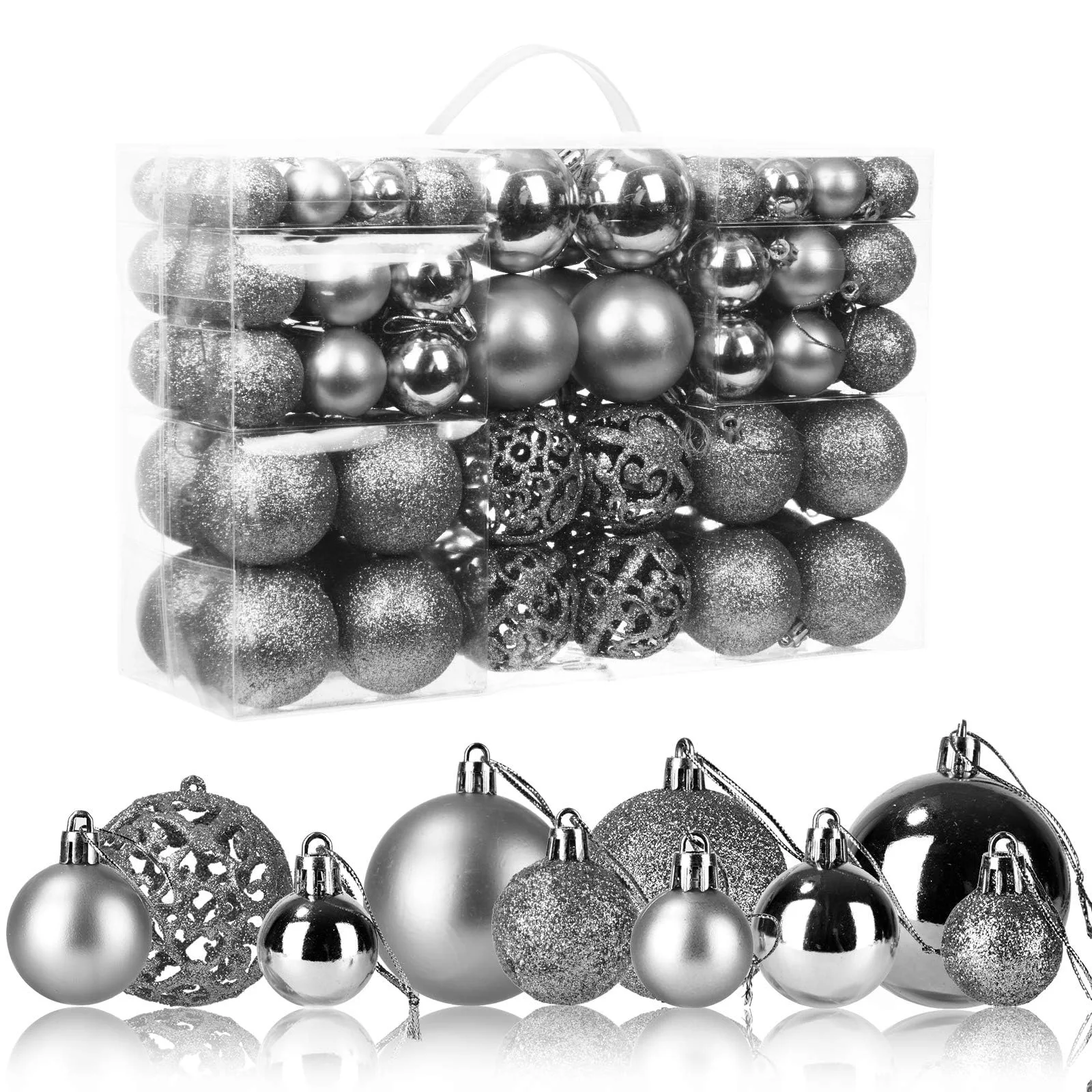 100 zilveren kerstbommetjes set onbreekbaar 3 4 6cm, kerstversieringen kerstdecoraties plastic glitter mat