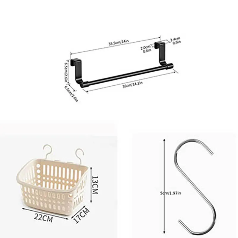 Over Cabinet Door Storage Set, Punch-free Kitchen Towel Bar with Hanging Basket & S Hooks, Cabinet Door Hanging Organizer for Ki