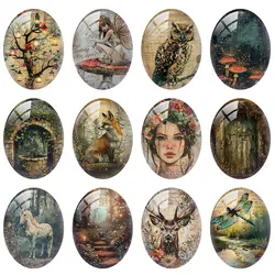 10pcs/lot Secret Forest Deer Owl Fairy Fox Horse Butterfly Oval Photo Glass Cabochon Flatback Demo Cameo For Diy Jewelry Making