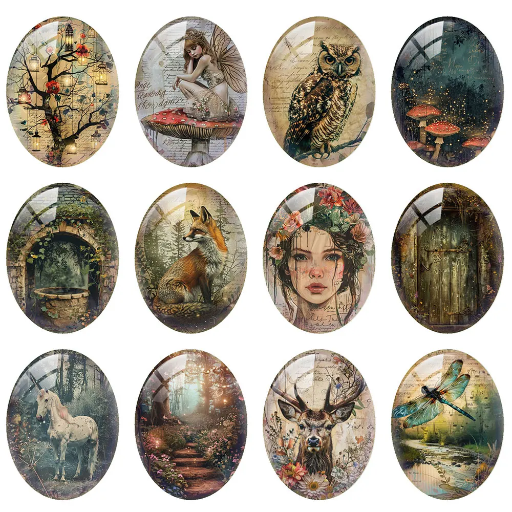 10pcs/lot Secret Forest Deer Owl Fairy Fox Horse Butterfly Oval Photo Glass Cabochon Flatback Demo Cameo For Diy Jewelry Making