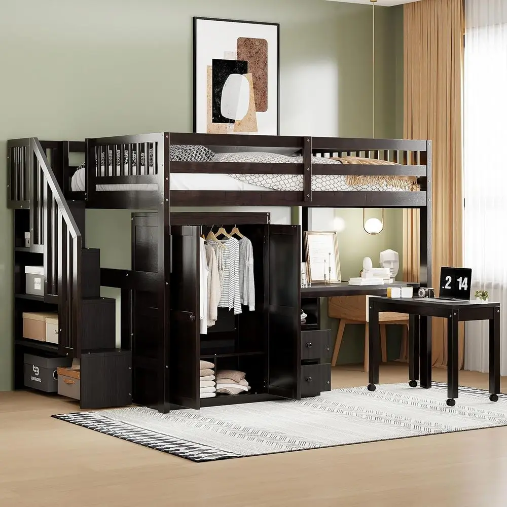 Solid Wood Loft Bed with Desk, Wardrobe, and Storage Stairs - Safety Rails Included for Kids, Teens, and Adults - No Box Spring