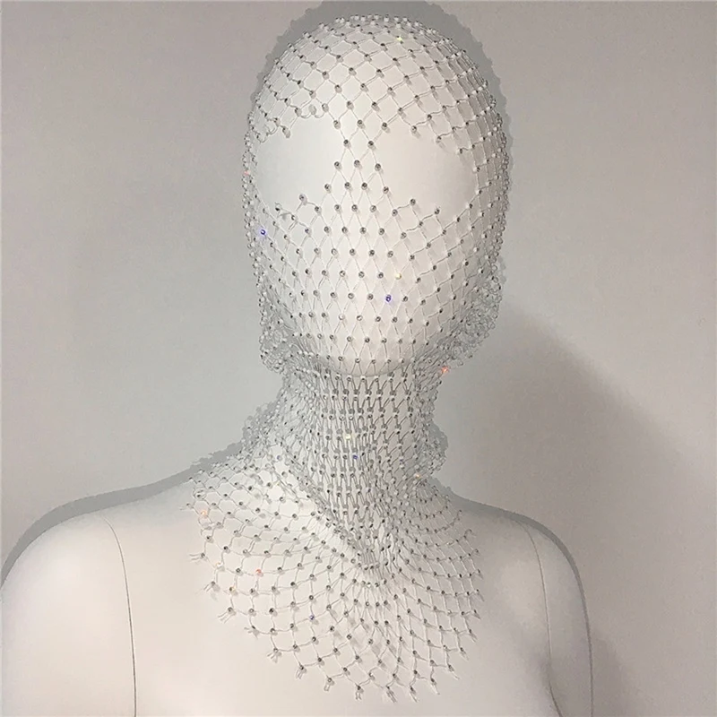 Jeweled Rhinestone Mesh Mask Sparkling Carnival Headpiece Nightclub Accessories for Women Black-ABFB