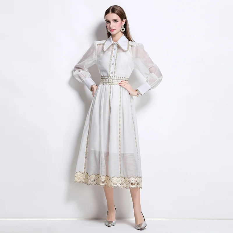 Elegant Slim Versatile Dress with Lace Lace Long Sleeved Shirt and Large Skirt Set French Women's Summer Banquet Attire 2025