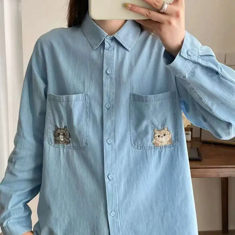 Harajuku fashion cotton denim shirts blouses long sleeve tops women\'s cats embroidered shirts pretty blouses woman jean shirts