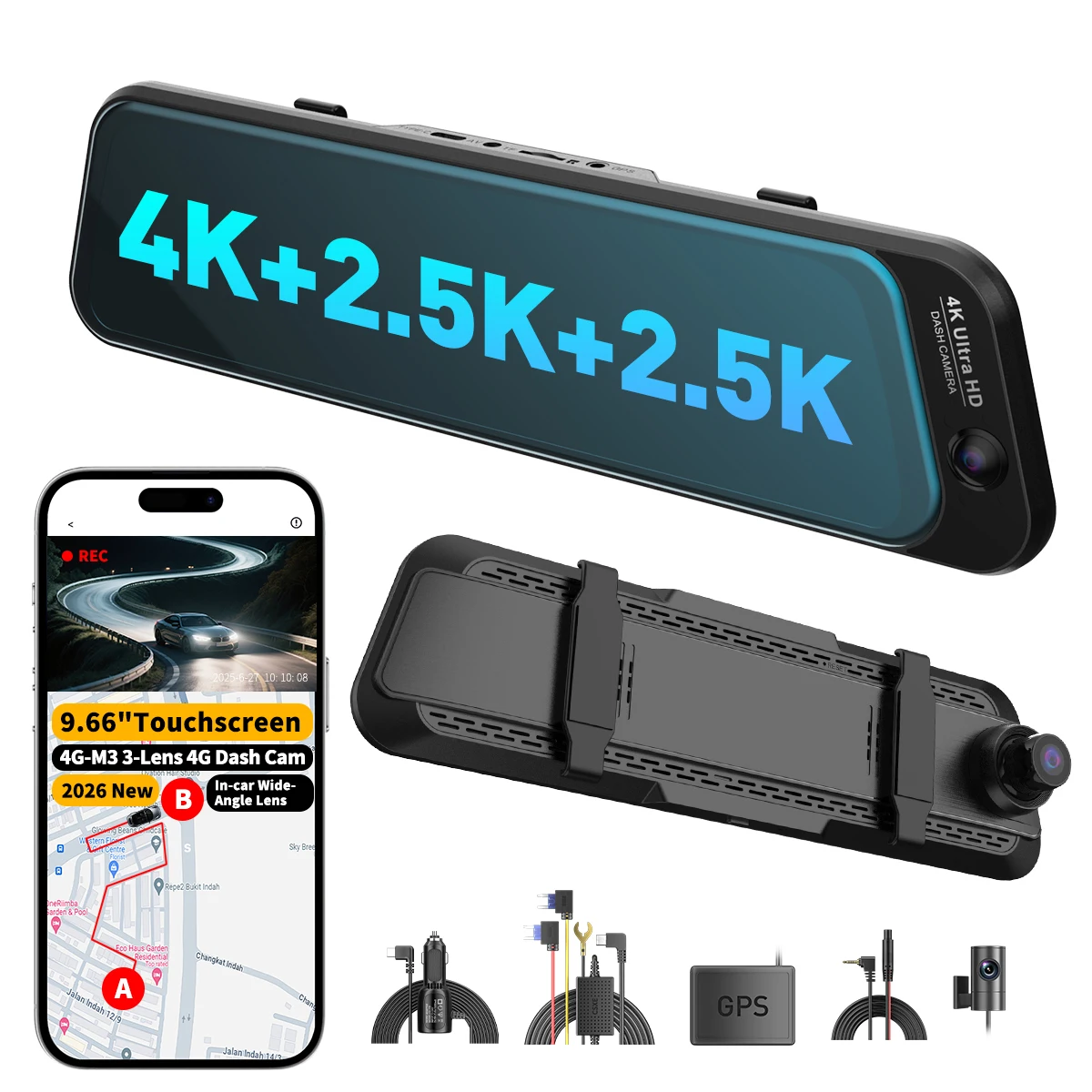 4K 4G WiFi GPS Vehicle Camera Easy Installation Dash Cam with Video Recorder Dual Lens Car Mirror 4K Resolution