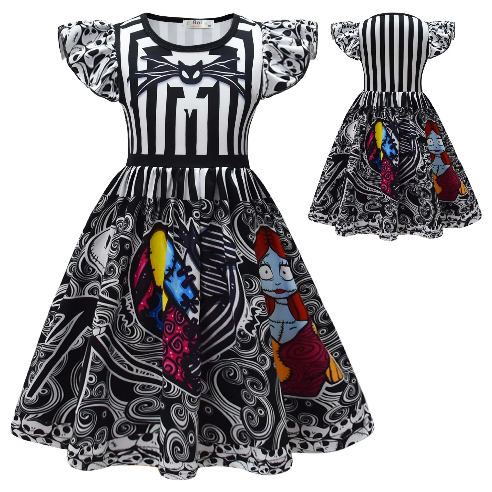 2024 The Nightmare Before Christmas New Halloween Night Fright Cosplay Flying Sleeve Dress Bag Girls Dresses Children's Clothing