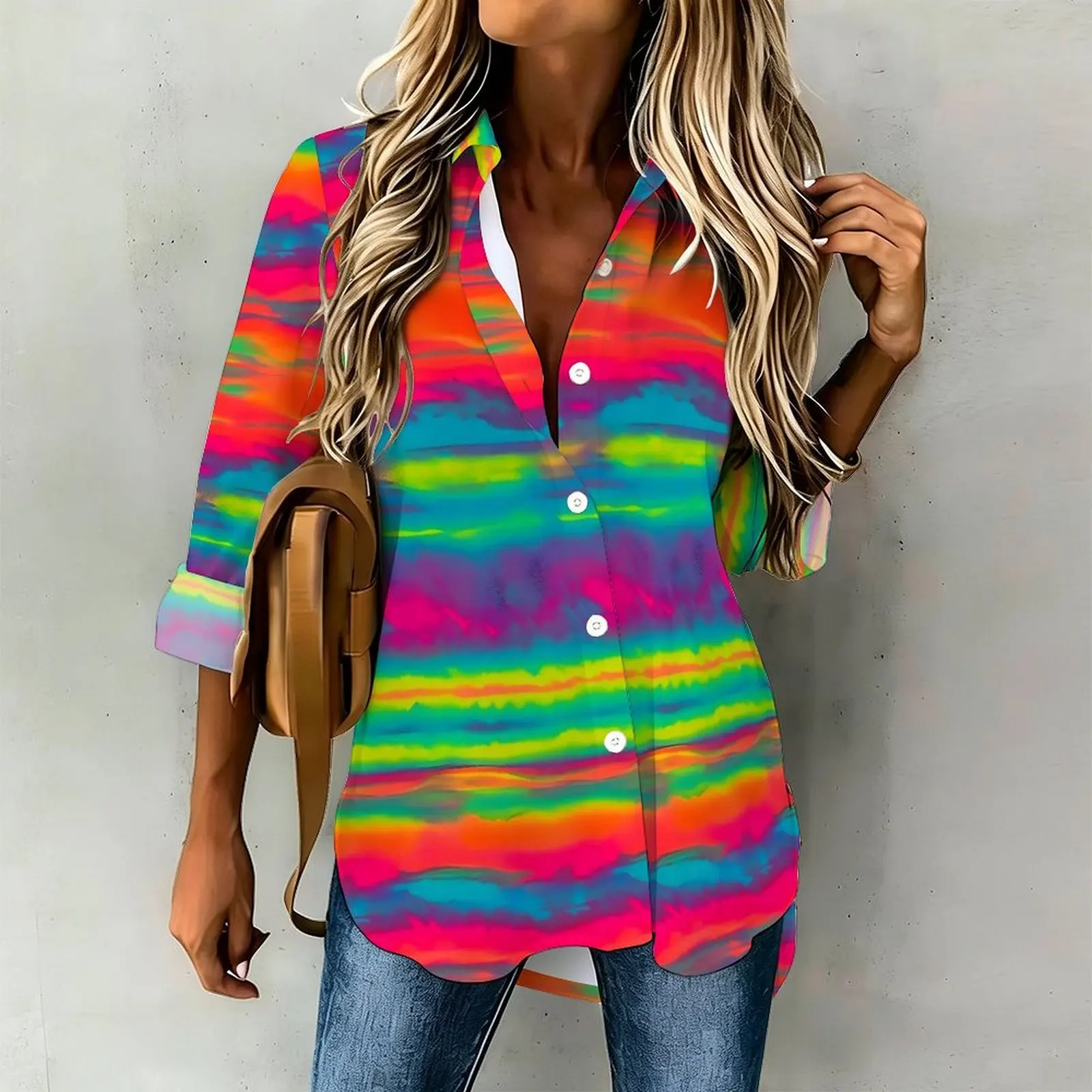 Women Lapel Collar Button Down Shirt Print Roll Up Sleeve Hi Lo Curved Hem Loose Blouse
