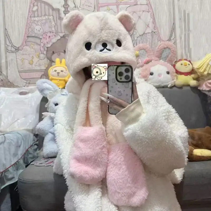 Neue Rilakkuma Winter Drei-Stück Set Hut Schal Handschuhe Integrierte Kapuze Wärme Kälte Widerstand Radfahren Bär Schwester Hut Spielzeug