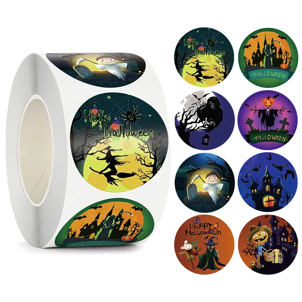 Halloween Round Stickers Roll 1.5 Inch Pumpkin Ghost Witch Skull Label for Party Gift Envelope Decor DIY Craft Supplies
