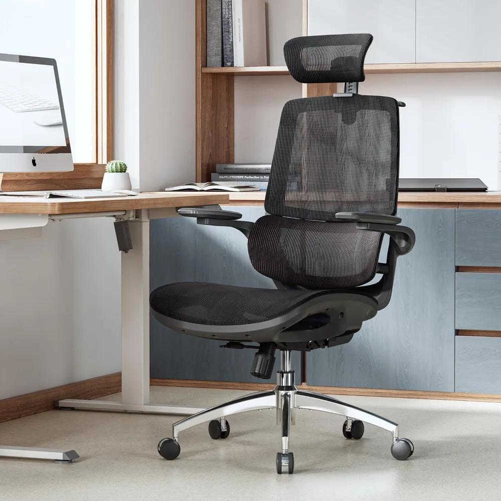 Ergonomic Office Chair with 3D Flip-up Armrests, Computer Chair with Dual Back Design and Adaptive Dynamic Lumbar Support