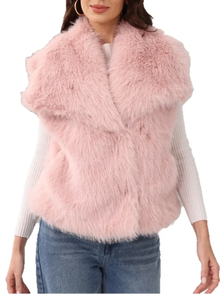 Fashion Faux Fur Vest Coat For Women Turn Down Collar Sleeveless Covered Button Warm Tops Autumn New Tide 2025 New