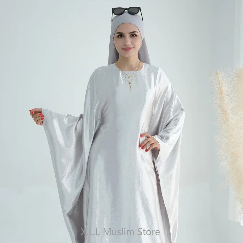 Shiny Batwing Abaya Simple Female Dress Inside Belt Elegant Glossy Muslim Party Dresses 2024 Dubai Kaftan Kebaya Robe Clothing