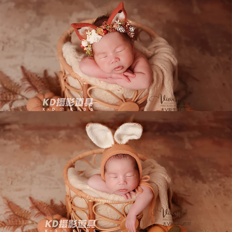 Newborn Headpiece Woolen Swaddle Cloth Newborn Photography Props Knitted Pumpkin Bunny Plush Scene Props Infants Photo Outfit