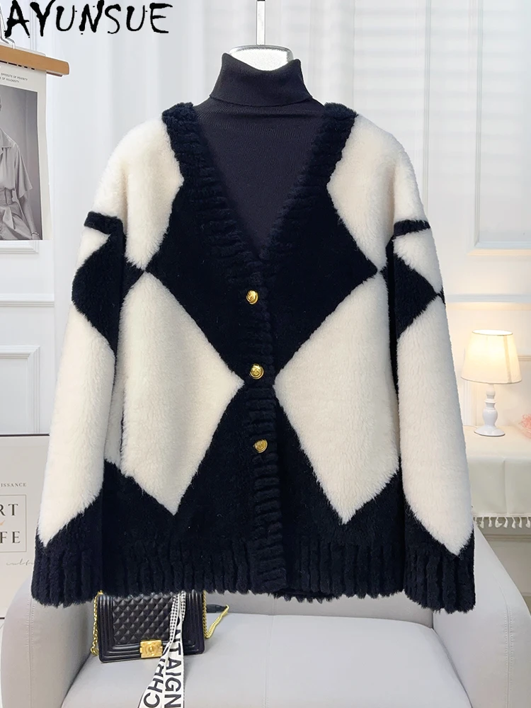 

AYUNSUE 100% Natural Wool Jacket Woman V-Neck Fashion Lamb Fur Jacket Woman Clothing Short Winter New in Outerwears Abrigo Mujer