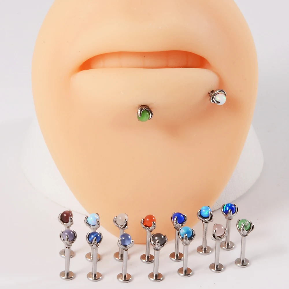 1PC 361L Surgical Steel Dragon Claw With Opalite Center Labret Lip Ring Ear Cartilage Tragus Helix Piercing Screw Fit Top 16g