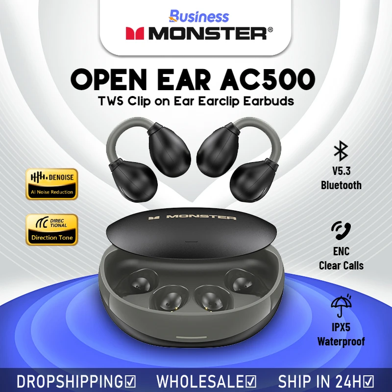 

Monster Open Ear AC500 TWS Earbuds Bluetooth 5.3 Ear Clip on Ear Earring Wireless Earphone Sports Running Headset with Mic