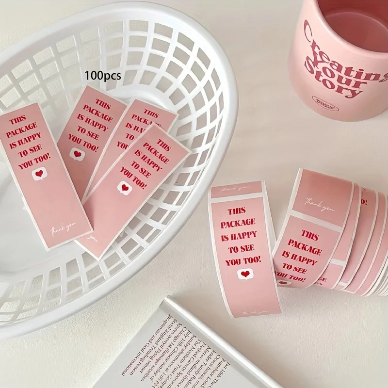1Roll/100Sheet Self-Adhesive Pink Heart Blessing Sticker Home for Valentine's Day Gift Box Cup Packaging Party Decor Craft