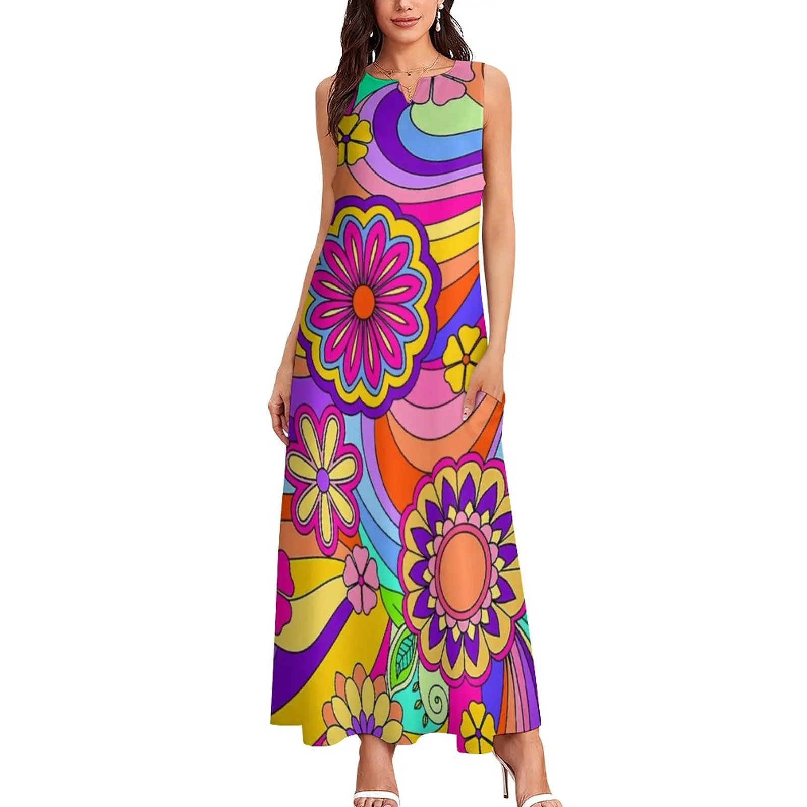 Flower Power Inspired Dress Groovy Hippy Retro Party Maxi Dress Street Fashion Casual Long Dresses V Neck Print Big Size Vestido