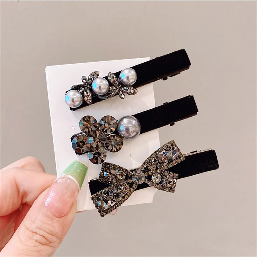 New fashion retro rhinestone velvet black bangs clip high-end side clip duckbill clip women\'s back head pearl hair accessory