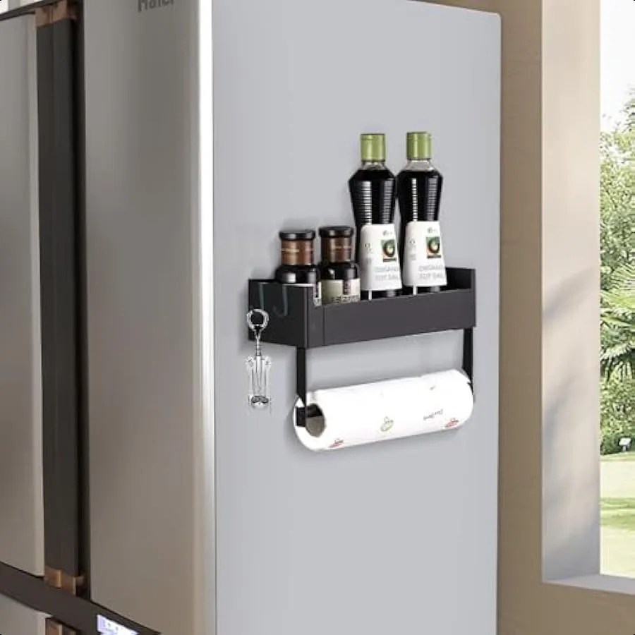 

Magnetic Spice Rack for Refrigerator Magnetic Spice Organizer Rack with Paper Towel Holder Shelf for Small Kitchen Storage Spac