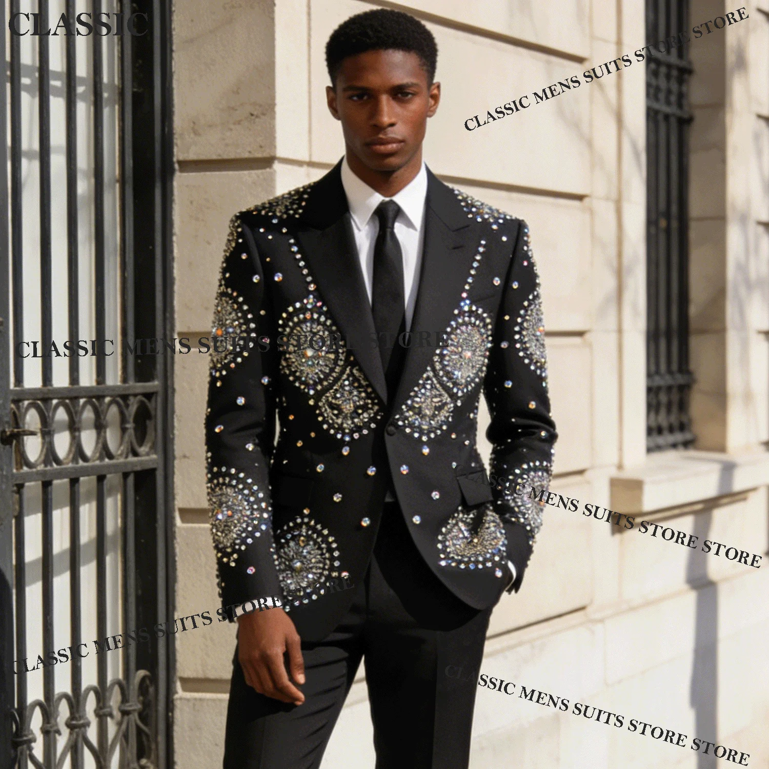 

Luxury Customized Men Suits Metallic Jewelry Ornament Tuxedo 2 Piece Wedding Groom Male Prom Blazer Slim Party Ternos Completo