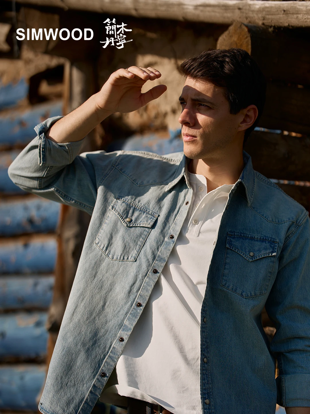 Loose Fit Long Sleeve Denim Shirt SIMWOOD Washed Western Cowboy Style Casual Cotton Workwear for Men Autumn Season