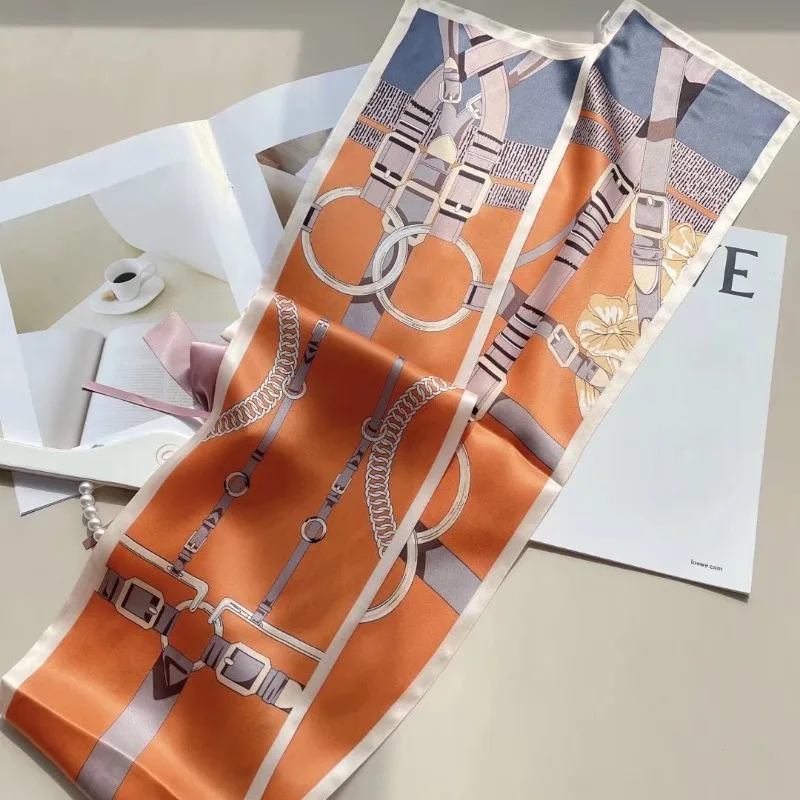 100% Mulberry Silk Scarf Women Spring Summer Long Buckle Double Layer Narrow Neck Tie Fashion