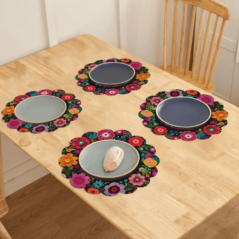 VIKAMA Colorful Flower Bird Wave Lace Meal Mat Thermal Insulation Fabric Table Mat Mexican Ethnic Style Table Decoration