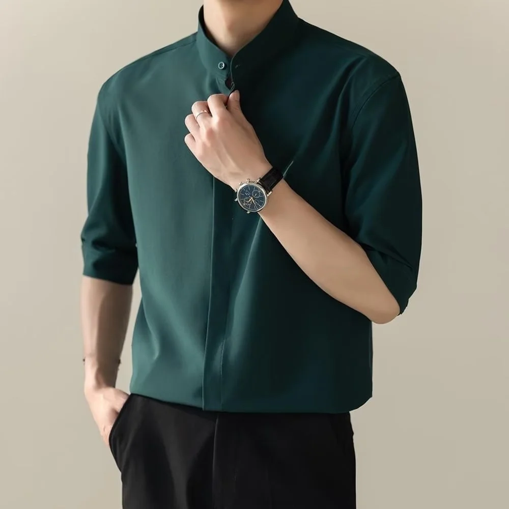 

Fashion Thin Short Sleeve Men's Shirt New Chinese Clothing Ice Silk Casual Slim Fit Youthful Style Pure Color Stand Collar Ca...