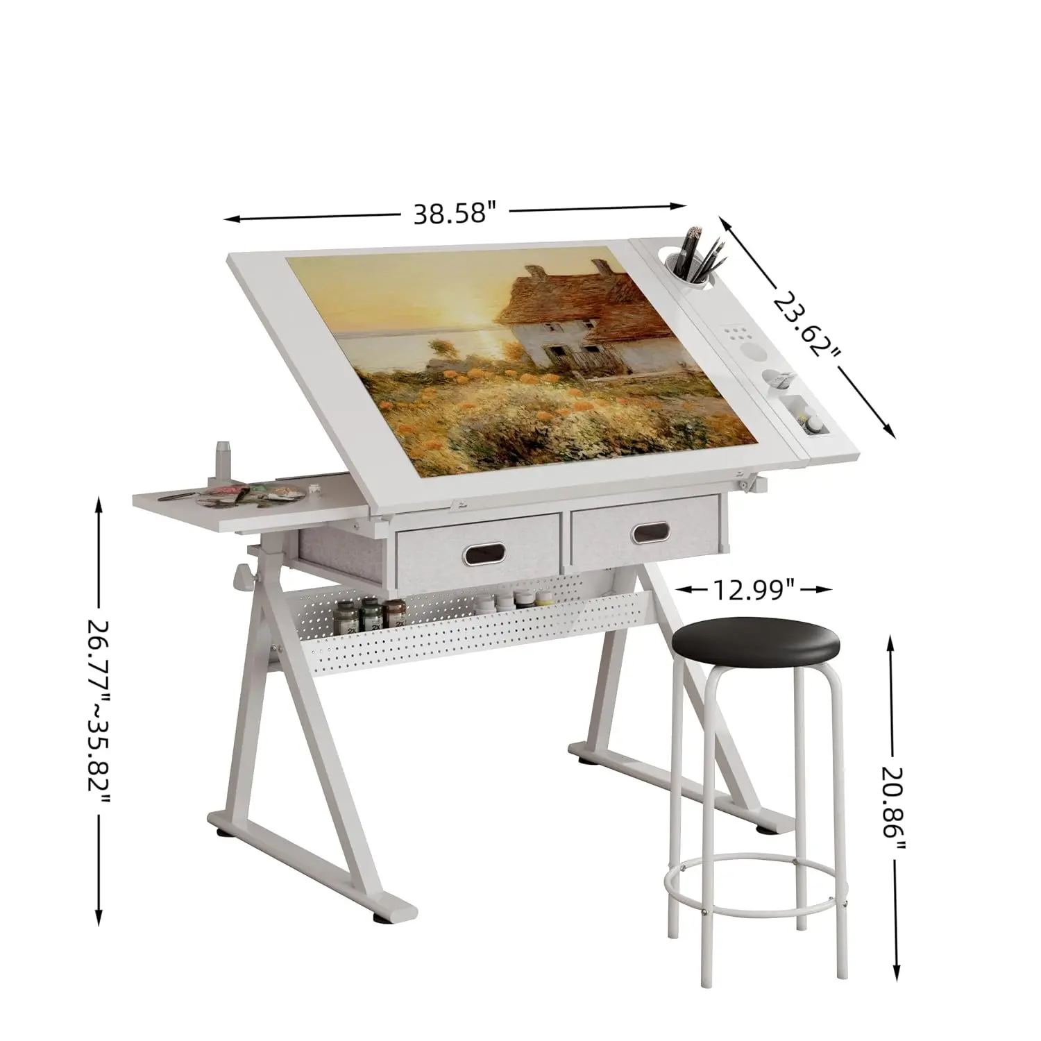 Height Adjustable Drafting Table with Stool, Drawing Art Desk with 2 Drawers, Artist Table with 75° Tilted Tabletop