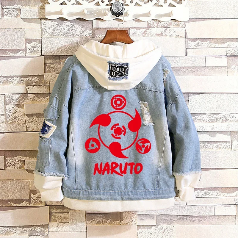 Anime Naruto Giacca bomber in denim Sasuke Felpa jeans con cappuccio Felpa con cappuccio cosplay con foro strappato unisex Giacca in denim a maniche lunghe regalo