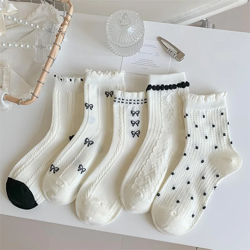 

5 Pairs Women Socks Sweet Bowknot Dots Spring Summer Casual Socks for Daily Street