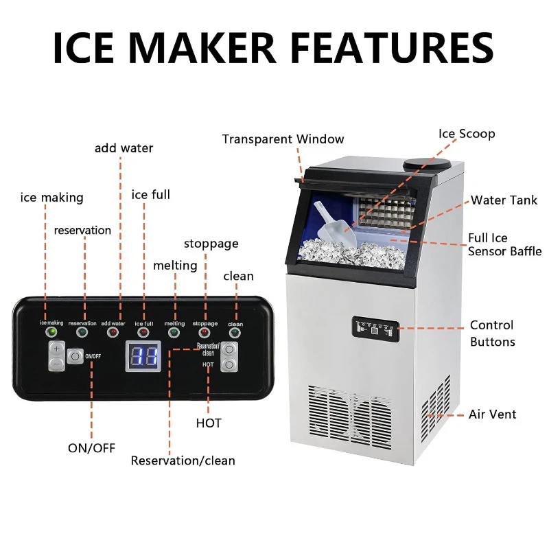 110LBS/24H Commercial Ice Maker Machine with 2 Water Inlets, Freestanding Ice Machine with 24lbs Storage Bin