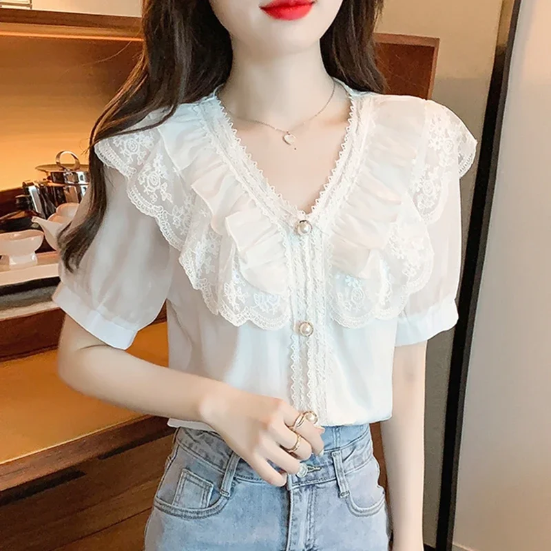 Summer Chiffon Lace Blouses Women 2024 Elegant Fashion White Blusas Femininas Casual Slim Vintage Puff Sleeve Ladies Tops Mujer