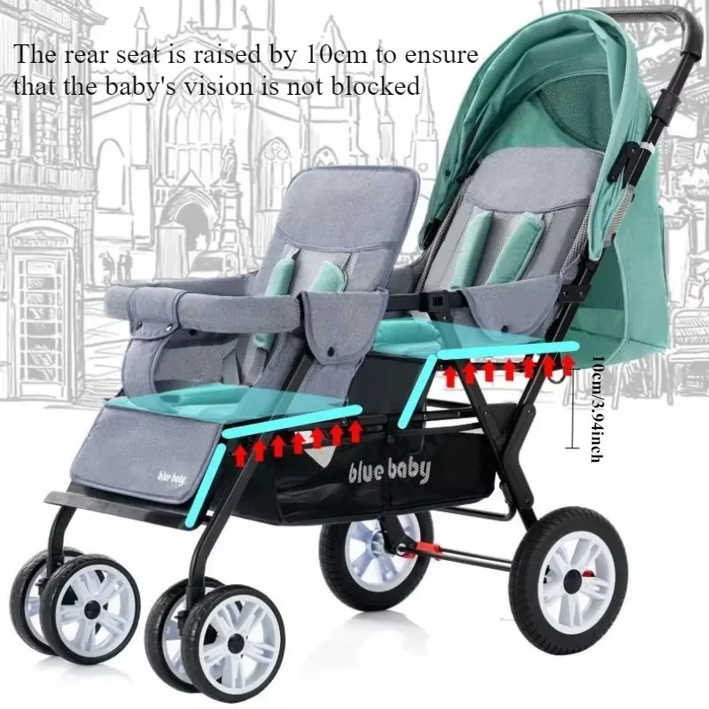 Double Stroller Can Sit Lying Lightweight Foldable High Landscape Front & Rear Seat Baby Stroller with raised rear Double Brake