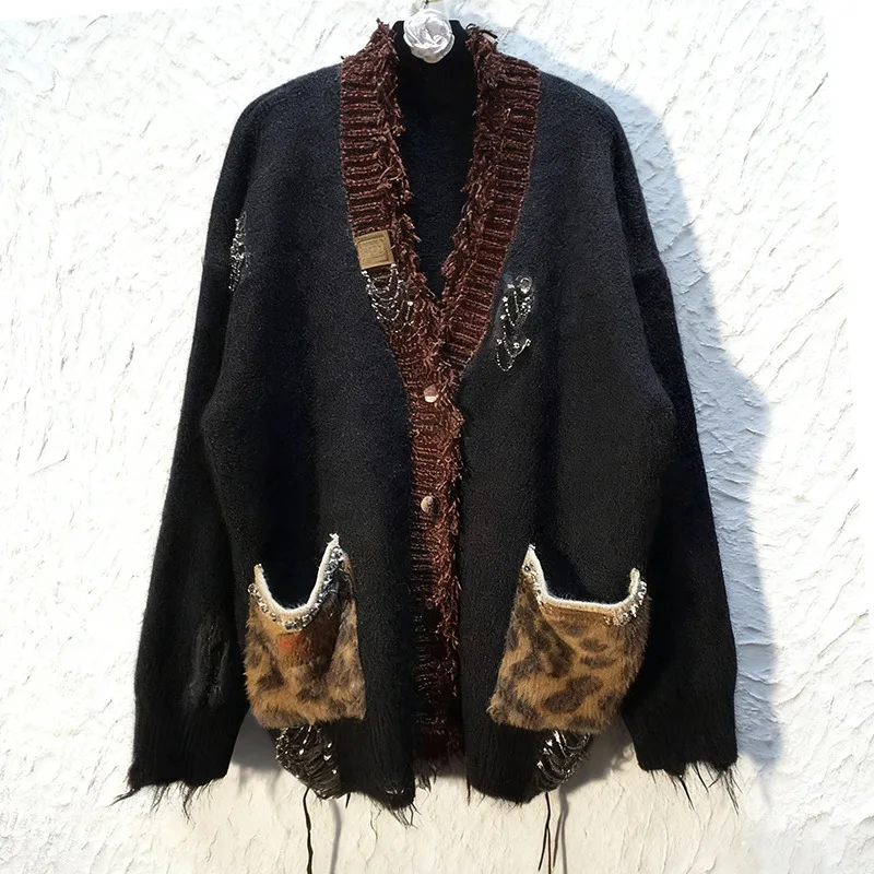 SuperAen ファッションニットコート 2025 冬新作 ルーズフィット 細見え コントラストカラー ポケットデザイン シングルブレスト 個性的なセーター