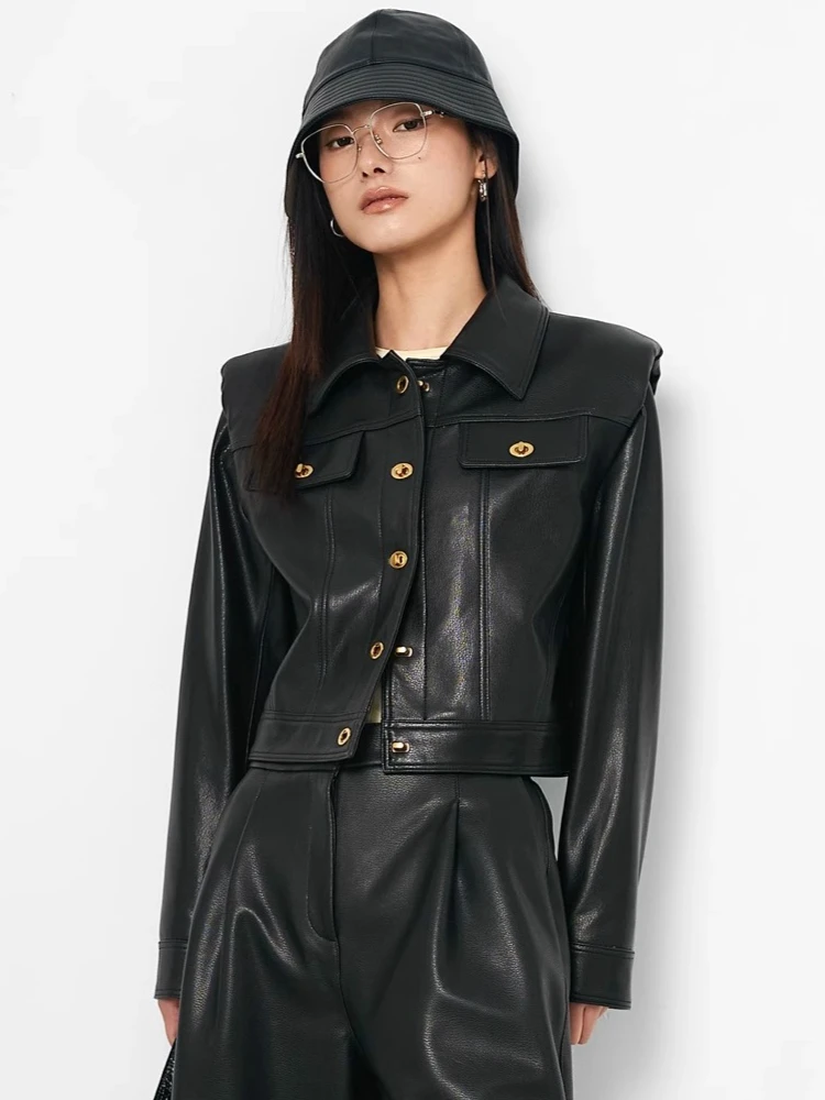 Elegant Genuine Leather Cropped Jackets Women Spring Autumn High-end Simple Shoulder Pad Design Soft Black Real Sheepskin Coat