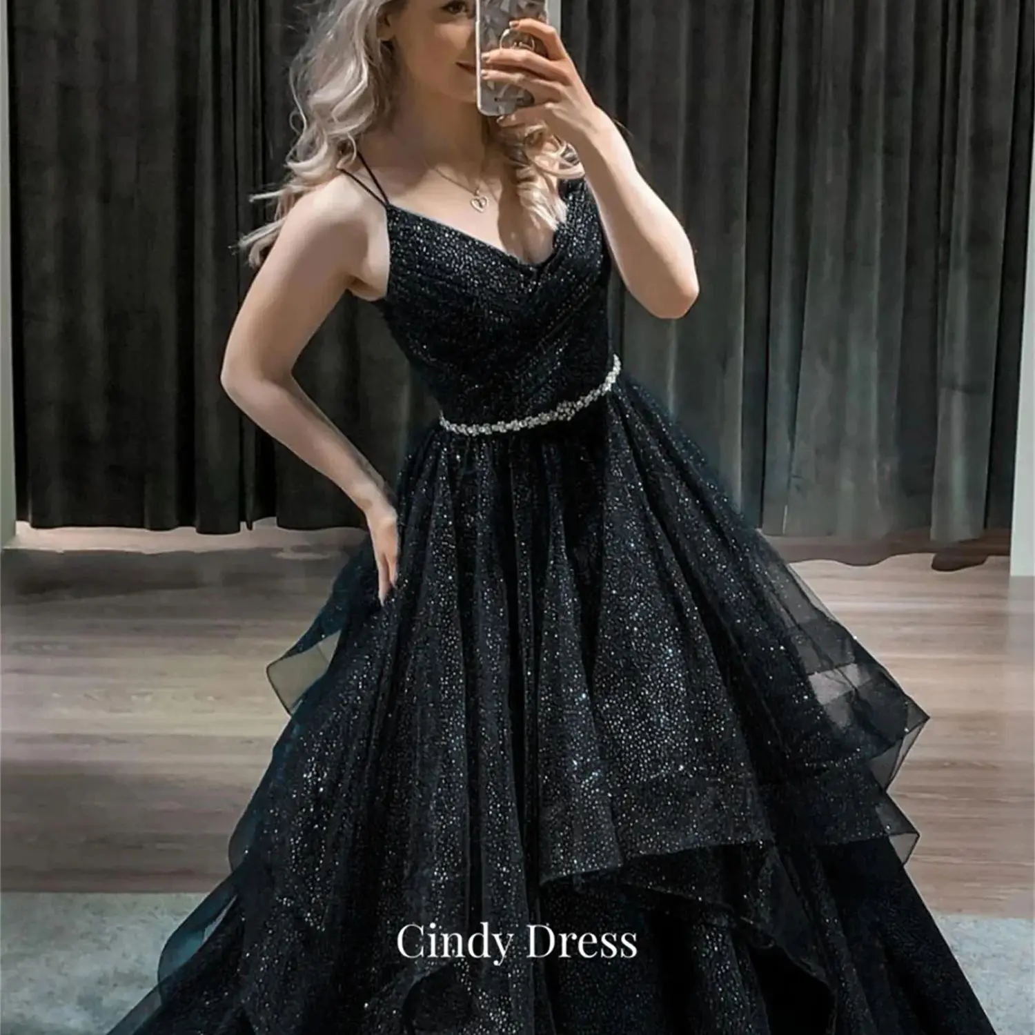 

Cindy Shiny Multi-layer Black V-neck Saudi Evening Dresses 2024 Wedding Dress Women Elegant Party Robe De Soiree Femmes Formal