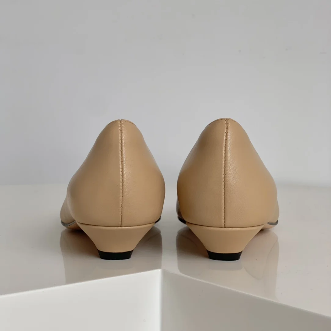 Donna-in Women Low Heel Pumps Genuine Leather Luxury Sheepskin Shoe Pointed Toe Female Nude Shoes Elegant Wedge Heels Design