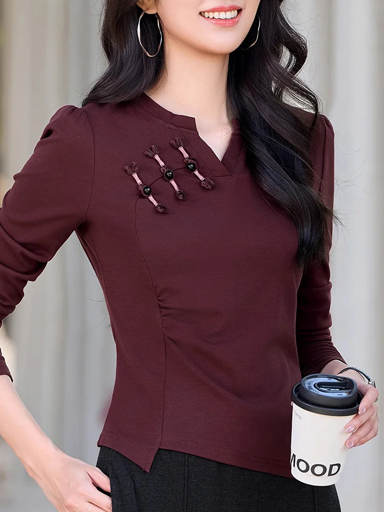 Nieuw Dames Chinese stijl T-shirt met lange mouwen Lente Herfst Mode Kleine V-hals Slanke taille Asymmetrische T-shirts Eenvoud Basic T-shirts