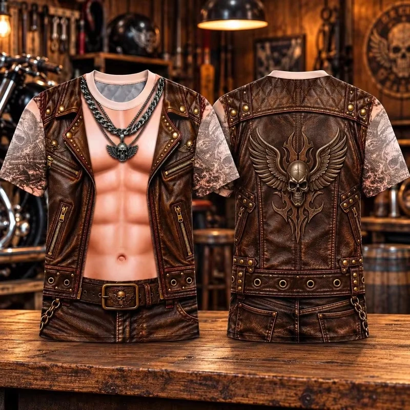 Biker Skull Wing 3D Print T Shirt Fake Leather Vest Design Short Sleeve Tee Mens Motorcycle Casual Top