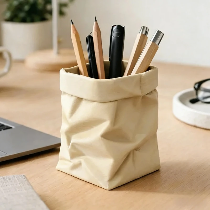 Creative Paper Bag Shape Pen Holder, Nordic Style 3D Printing Desk Organizer, Multifunctional Stationery Storage Box for Home