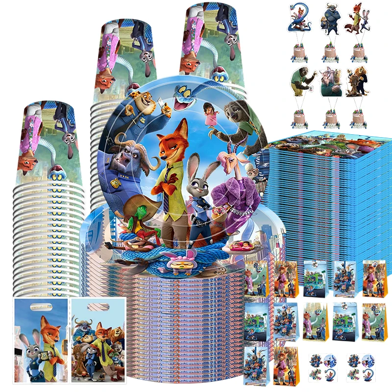 Zootopia – Kit de vaisselle de décoration de fête d'anniversaire, assiettes en papier, gobelets, nappe, bannière d'arrière-plan, ballons, fournitures de fête pour enfants