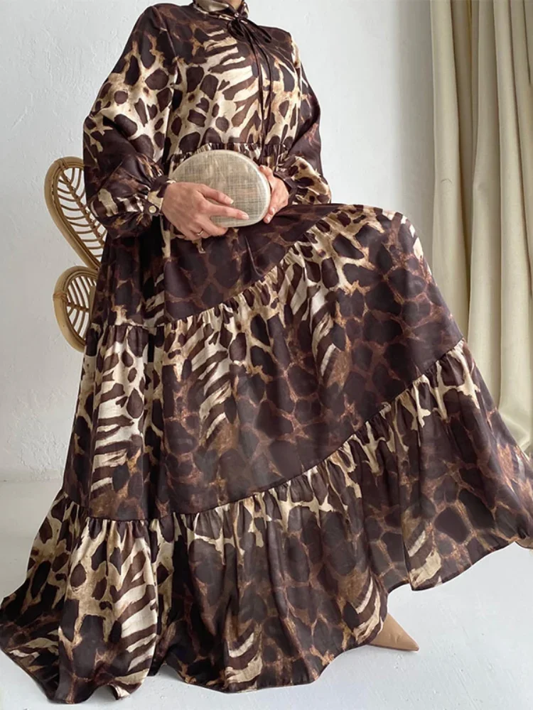 Ramadan Eid Muslim Women Abaya Leopard Print Dresses Jalabiya Long Robe Morocco Dubai Abayas Kaftan Islam Arabic Vestidos Largos