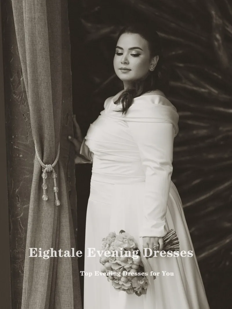 فستان زفاف عربي Eightale مغرفة مخصصة من الساتان العاجي بأكمام طويلة فستان زفاف إسلامي مقاس كبير فستان حفلات العروس