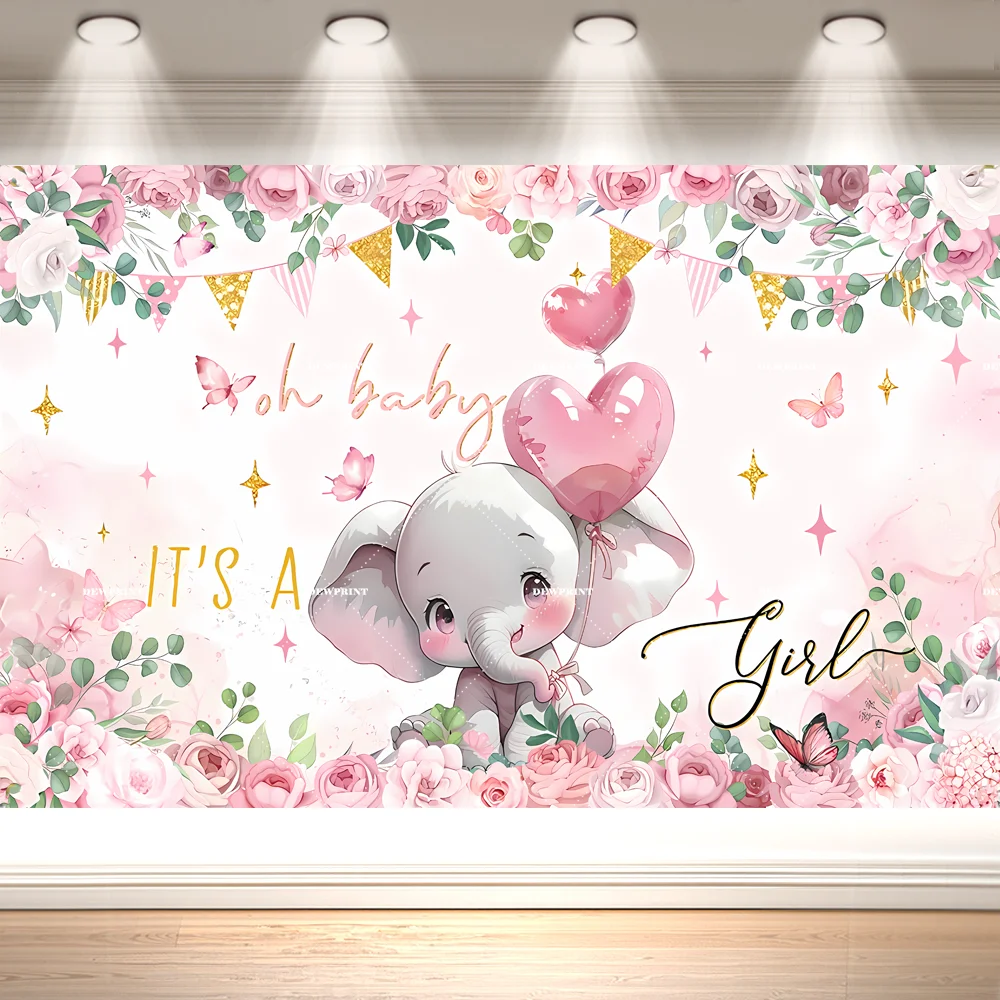 Dewprint Watercolor Crown Baby Elephant Backdrop Blue Pink Floral Butterfly Boy Girl Baby Shower Party Banner Decor Suppl