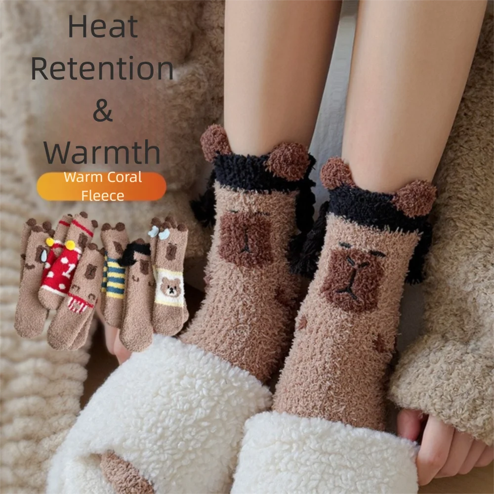 

Autumn Winter Warm Floor Socks Fleece Thickened Embroidered Coral Fleece Socks Cartoon Soft Carpet Home Socks Women