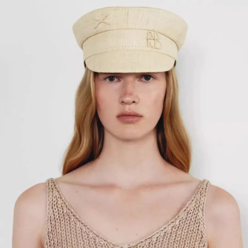 Monogram-embellished Baker Boy Cap Spring Summer Vintage Flat Top Sun Cap Handmade Natural Raffia Visor Straw Caps for Women