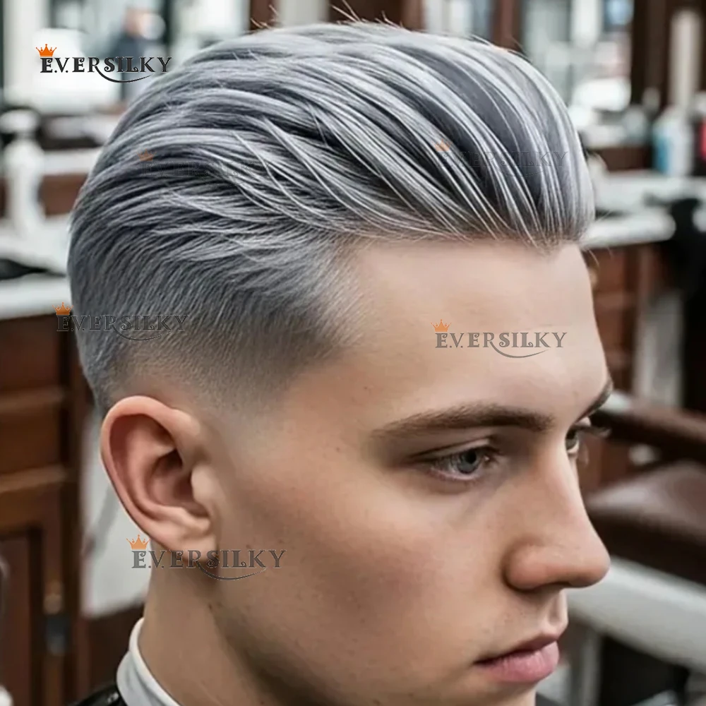 

1b80 1b65 1B50 Серый Серебристый Полный PU 0,1 мм Силиконовая кожа Мужской парик Человеческие волосы Мужские протезы Капиллярные коричневые блондинки Шиньоны
